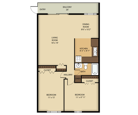 Floor plan for 2 beds, 1 bath, 900 sqft